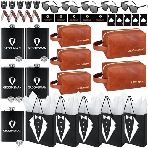50Pcs Groomsmen Gifts Groomsmen Proposal Box with Flasks Sunglasses PU Leather Toiletry Bag Bottle Opener for Wedding Groomsman Best Man Gift (Brown)