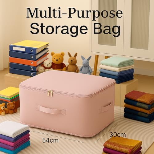 Image of Dustproof & Moisture-proof Storage Bag with Zippered Closure & Handle, Ultra Space Saving Self Compression Organizer, Comforter & Folding Bag for Storing Saree, Clothes (Pink, Pack - 1)