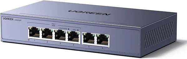 UGREEN Ethernet Switch, 6 Port PoE Switch, 4 PoE+@60W and 2 Gigabit Uplink, Plug & Play, Auto/VLAN/Extend Mode, Sturdy Metal, Desktop or Wall Mount Network Splitter Hub for Security Camera, 
