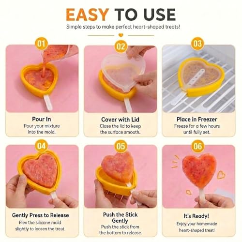 Image of Solitude Set of 4 Heart Shaped Silicone Popsicle Moulds | BPA Free Food Grade Reusable Non-Stick Candy Mold | DIY Ice Cream, Chocolate, Jelly, Lollipop and Cake Pop Maker, Multicolour