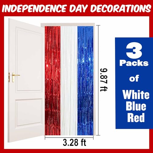 Image of 3 Pack White Blue Red Foil Fringe Curtains Backdrop, 3.28 x 9.8 Ft Metallic Streamers Tinsel Curtains Background for Photo Booth, Birthday, Halloween, Christmas, New Year Party Decorations