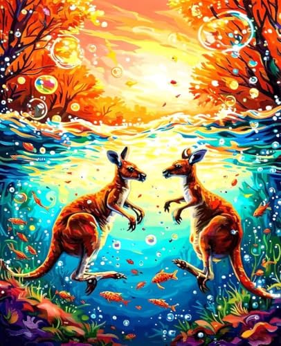 数字油絵 カンガルー 数字キットによる絵画 動物 Paint by Numbers DIYペイント 大人の 初心者 子供用 簡単に塗れる アクリル水彩絵の具 手芸 画材 手工芸 キット 3つのペイントブラシと1つのセットのアクリル顔料を使用 ホーム オフィ