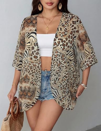 Image of Chunoy Women Floral Beach Wear Cover Up Chiffon Kimono Cardigan Open Front Blouse Top