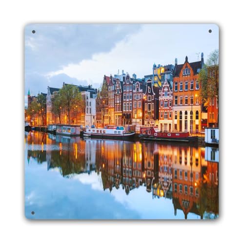 Vintage Metal Tin Sign Wall Decor,Night City View Of Amsterdam The Netherlands,restaurant Cafe Tin Signs Metal Wall Art 12x12 Inch