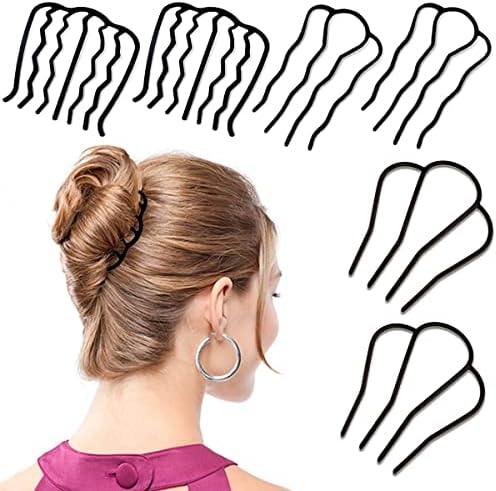 6 Piece Hair Side Combs Metal Hair Fork Clip Teeth Hair Pin Stick for Updo Bun, U Shape Hair Combs for Vintage Hairstyle Hair Accessories, Black