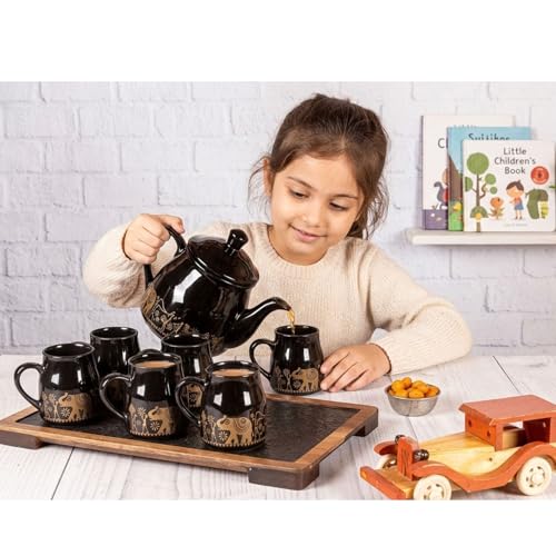 Image of Premium Ceramic Tea Set with Teapot and 6 Cups, Black with Gold Elephant Design, Traditional Indian Theme. (Black)