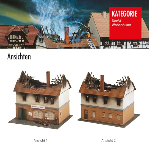 FALLER Brandruine Gasthaus Zur Sonne Modellbausatz mit 114 Einzelteilen 136 x 119 x 119 mm I Modelleisenbahn Zubehör H0 I Modelleisenbahn H0 Gasthaus, Weiß
