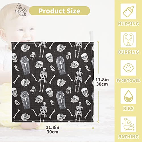 Image of vvfelixl Baby Washcloths Cotton Creepy Skull Baby Muslin Washcloths Soft Baby Face Towel for Newborn Infants, 11.8 X 11.8 Inch, 3 Pack Black