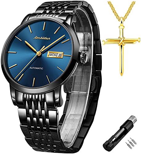 JSDUN Mens Mechanical Watches Automatic Self Winding Sapphire Stainless Steel Ultra Thin Minimalism Big Face Blue Dial Casual Dress Wrist Watch Waterproof with Day Date Calendar Classic Gifts Black