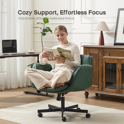 Image of amseatec Criss Cross Office Chair, PU Leather Vanity Chair with 5-Level Adjustable Armrests & Swivel, Ergonomic Criss Cross Chair for Home Office Bedroom Makeup（Green）