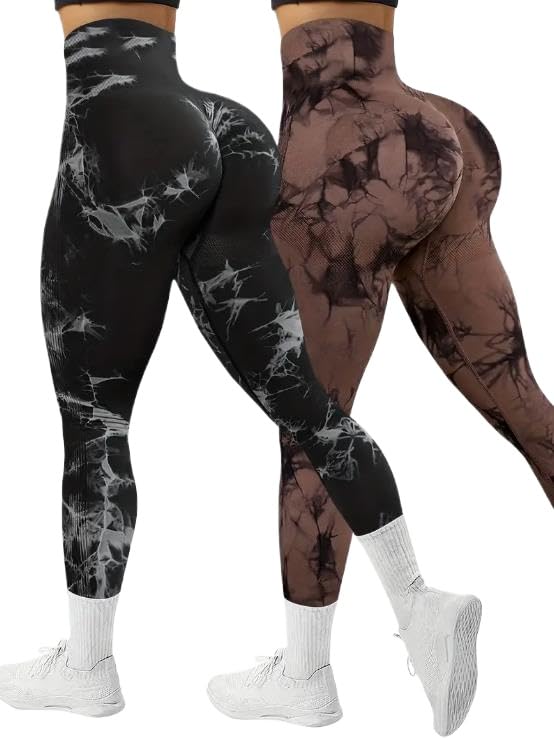 Womens 2-Pack Seamless Tie-Dye High Stretch Sports Yoga Leggings Athletic Workout Pants Comfort Fit Activewear