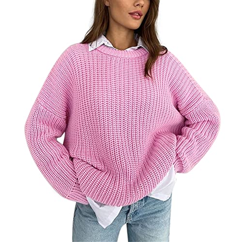 Eauptffy Jersey casual para mujer, informal, suelto, perezoso, chaqueta de punto para mujer, ropa de abrigo de manga larga, cuello redondo, suéter de punto de invierno para mujer, Rosa., M