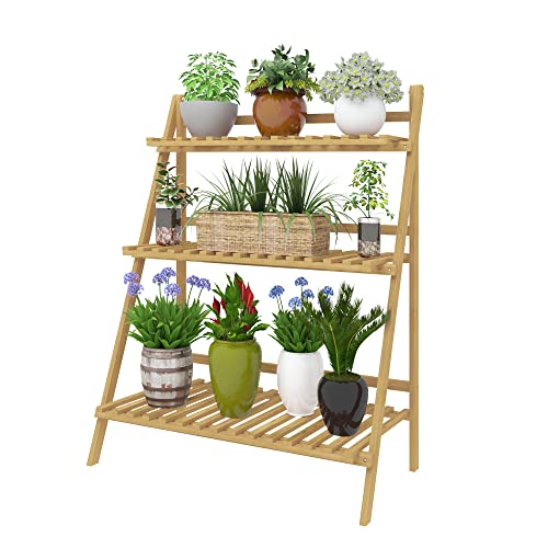 FLBT Scaffale per Piante in bambù a 3 Livelli, Supporto per Piante a Scala Pieghevole, Scaffale per Esposizione di Vasi di Fiori per Balcone, Soggiorno e Giardino (Marrone