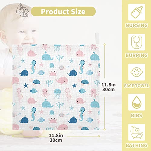 Image of vvfelixl Cute Sea Life Baby Burp Cloths, Baby Muslin Washcloths for Boys Girls, Cotton Baby Face Towel for Newborn Infants Soft and Absorbent 11.8 X 11.8 in, 5 Pack