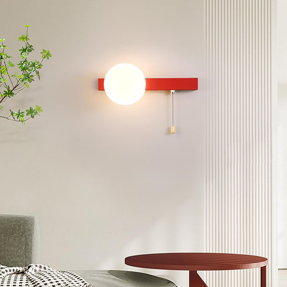 Apliques de pared modernos rojos Lámpara de pared moderna con forma de globo con interruptor de extracción y pantalla acrílica blanca como la leche, aplique de pared de metal con cableado G9,
