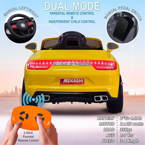 Image of MEKASHI Premium Electric Ride on Cars for Kids with Long Wheel Base, 1-7yrs (Glossy Yellow, MKS002)