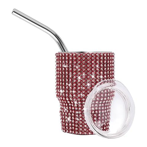 INSTOME Bling Mini Tumbler Shot Glass,3oz Shot Glass Tumbler,Diamond Tumbler Shot Glass with Straw,Glitter Small Shot Glass Tumbler for Serving Spirits,Travel,Camping(1pcs) (brick red) Cover