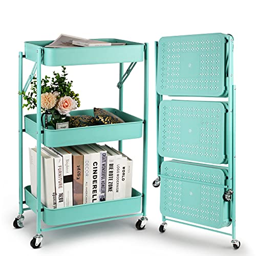 Todeco Desserte à roulettes Pliante, Chariot Mobile à 3 Niveaux, Chariot de Cuisine, Pas d'assemblage, 46 x 29 x 78 cm, pour Cuisine, Bureau, Salle de Bain,...