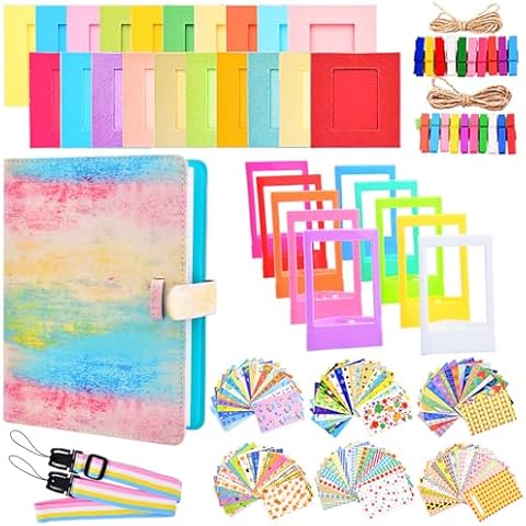 Sunmns Accessories Bundle Kit Compatible with Fujifilm Instax Mini 12 11 9 8 90 70 Instant Camera, Include Album, Film Stickers, Photo Frames, Hanging Frame, Strap (Rainbow) Cover