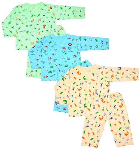 Image of Dreamee Fashions - Newborn Baby Boys and Baby Girls Full Sleeve Dress Sets, 100% Cotton Jhabla Sets, Pack of 3 (Prints May Vary)