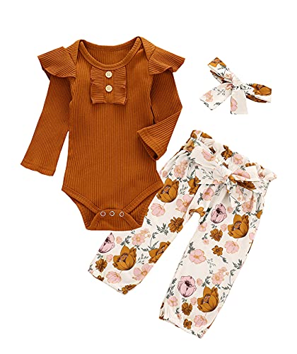 Image of ADXSUN Newborn Baby Girl Clothes Ribbed Ruffled Romper+Striped/Cow/Leopard Flared Pants Infant Outifts 0-18 Months