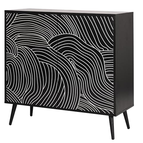 CATMIX Modern Storage Cabinet, Buffet Sideboard Cabinet with Adjustable Shelf, 2 Doors White Cabinet for Kitchen, Entryway, Dining Living Room (Black)