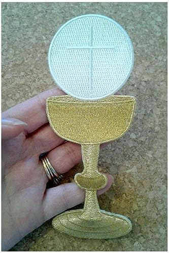 Embroidered Iron On Chalice Patch - Church Patches, Religious Appliques, Patches Wine for Catholic Devotees - Ideal Catholic Patch for Vestments & Religious Garments 5.9 x 2.35 Inch