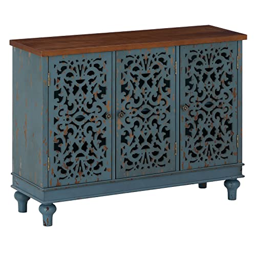Maison Arts Sideboard Buffet Storage Cabinet, Accent Cabinet With 3 Hollow Carved Doors Distressed Decorative Farmhouse Cabinet Cupboard For Kitchen, Dining Room, Living Room, Bedroom, Entryway, Blue #TOP7