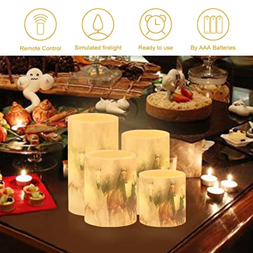Image of Vintage Running Horse Outdoor Waterproof LED Candles Battery Operated Set of 4 with Timer Remote Colour Changing Pillar Candles for Fall Halloween Decor