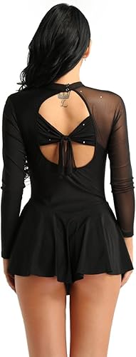 Miniatura 4 de JanJean Vestido de patinaje sobre hielo con diamantes de imitación de malla para mujer, vestido de leotardo de gimnasia, disfraz de danza lírica