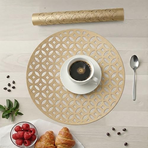 Image of Kuber Industries 4 Pcs Set Leather Round Side Table Mats | Reusable and Washable Dining Table Mat for Party, Wedding and Family Functions | Golden