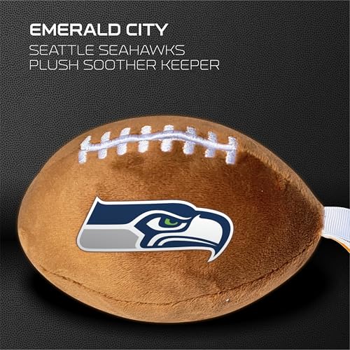 Image of Seattle Seahawks Plush Football Pacifier Holder by Smilo - Officially Licensed NFL Soother Holder - Soft Plush Toy and Dummy Holder - Fits Any Pacifier - Stroller Accessory & Newborn Essential