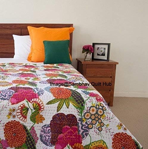 Queen/Twin/King Indian White Fruit Reversible Bedspread Pattern Gudri Pure Cotton Kantha Style Quilt Floral Fruit Print Decorative Kantha Stitch Quilt (90X108 inches)