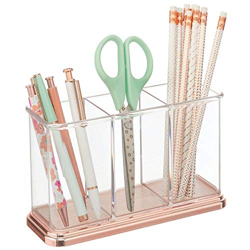 mDesign Práctico portalápices para material de oficina y papelería – Decorativa caja para guardar lápices y accesorios – Organizador de escritorio con 3 compartimentos – transparente y dorado rojizo