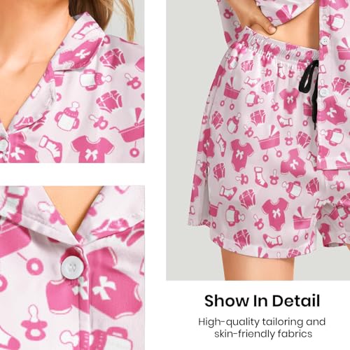 Image of Funny Pajamas for Women Set Print Satin Loungewear Pjs Short Sleeve Button Down Top and Shorts Sets Sleepwear XS-3XL