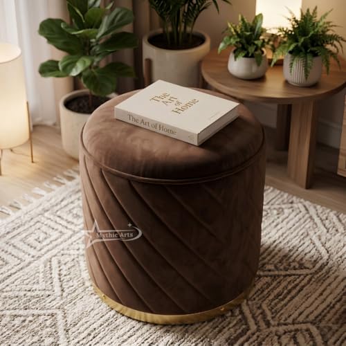 Image of Ottoman Stool, Puffy Stool, Sitting Stool, Modern Upholstered Round Ottoman, Dressing Table for Living-Brown
