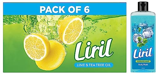 Image of Liril Lime & Tea Tree Oil Soap 125 g (Pack of 6) & Liril Cooling Mint Body Wash, 250 ml