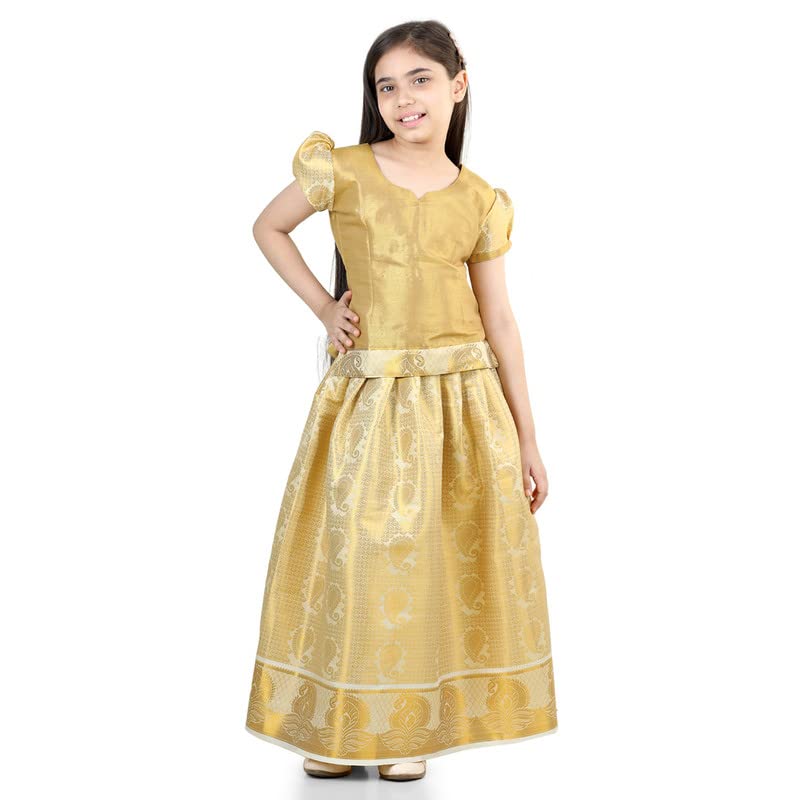 Image of BownBee Girls Silk Blend Pavda Pattu Lehenga Choli South Indian Traditional Ethnic Dress for Kids with Half Sleeves, Round neck, Back Hook Closure Dresses for Baby Girl