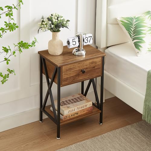 VECELO Nightstands Set of 2, Modern Bedside End Tables, Night Stands with Drawer and Storage Shelf for Living Room Bedroom, Industrial Metal Frame