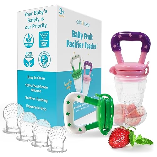 Image of Ashtonbee Baby Fruit Pacifer Feeder 2 Pack Perfect for Introducing Solid Foods 6-12 Months Fresh Food Feeder Baby Chupon para Frutas de Bebe (Pink and Green)