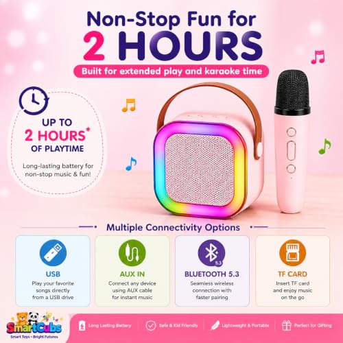 Image of Karaoke Speaker with Wireless Mic for Kids & Adults | Pink Bluetooth Karaoke Machine with RGB LED Lights, Rechargeable Portable Speaker, Stereo Sound | Birthday Gift for Girls & Boys