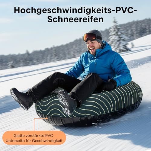 SereneLife Tube 112/122 cm – Aufblasbarer Schneereifen mit Griffen und Schleppleine XXL Rodelreifen für Kinder und Erwachsene – rutschfeste Hartboden-Schale – Perfekt für Schneespaß im Winter