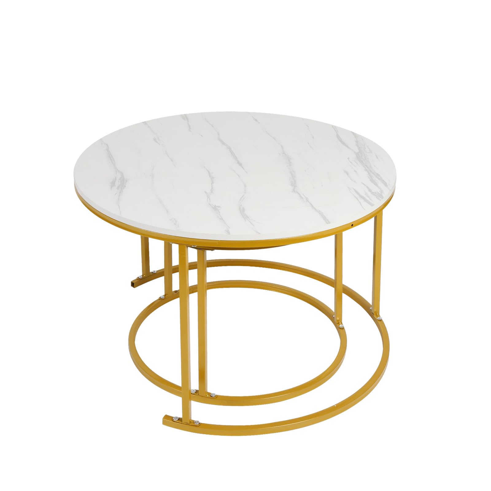 LANTUS Table Basse Salon, Adaptée au Salon, pour Fenêtre et Baie Vitrée, Coffee Table 2 Pièces, Table Basse Ronde Moderne, Table Gigogne Ronde,70 x 70 x 45 cm – Blanc et Or
