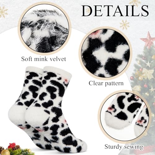 Foaincore 4 Pairs Fuzzy Cow Socks for Women Winter Cow Print Stuff Socks Cute Fluffy Cozy Funny Gifts for Women2