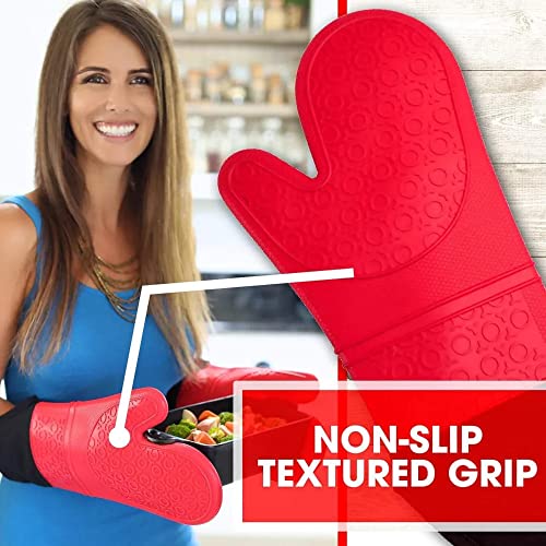 Image of THW Professional Large Silicone Oven Gloves Heat Proof,Kitchen Oven Mittens for Baking Heat Resistant Oven Mitts Cotton Quilted Silicone Gloves for Oven, Red