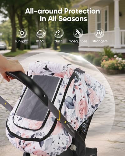 Image of Car Seat Cover Baby Girls, Infant Car Seat Canopy Outdoor, 2 Layers with Mesh and Sun Shade Window for Summer Winter, Easy Access Carseat Covers Snug Fit Baby Stroller - Pink Floral