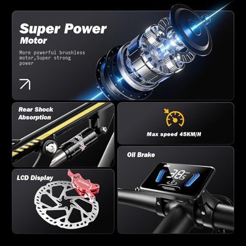 E-MTB Geländerad mit 26 Zoll (66 cm) und 70 NM für Erwachsene mit abnehmbarem 48 V 17,5 Ah Lithium-Ionen-Akku, 7 Gänge mit Doppelstoßedämpfung und Scheibenbremse – Bild 5