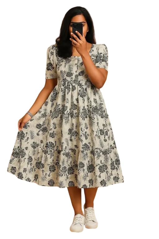 Image of Women's Round Neck Floral Block Printed Elbow Sleeves Front Button Detailing Layered and Tiered Hem Kurti Gown