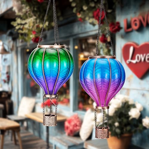 TERESA'S COLLECTIONS 2 Pack Hanging Solar Lantern Outdoor Garden Decor for Valentine ,Waterproof Plastic Hot Air Balloon Green Flickering Flame Effect Lantern for Yard Tree ,18" by TERESA'S COLLECTIONS - Image 3