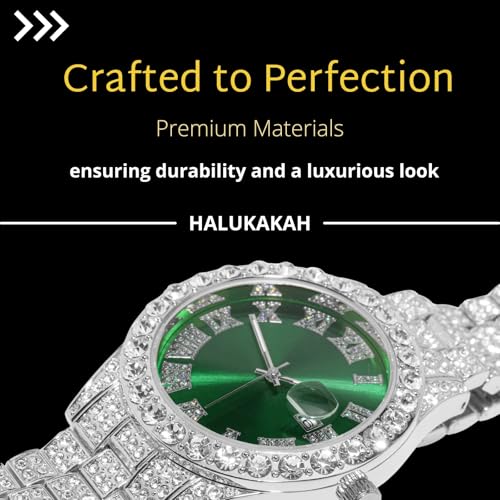 Image of Halukakah Diamonds Gold Watch Iced Out for Boy Teens Kids - 18K Real Gold /Platinum Plated,42mm Blue /Green /Red Dial,Japanese Quartz - 8 inch Length - Optional with Cuban Link Chain,with Watch Adjuster Tool
